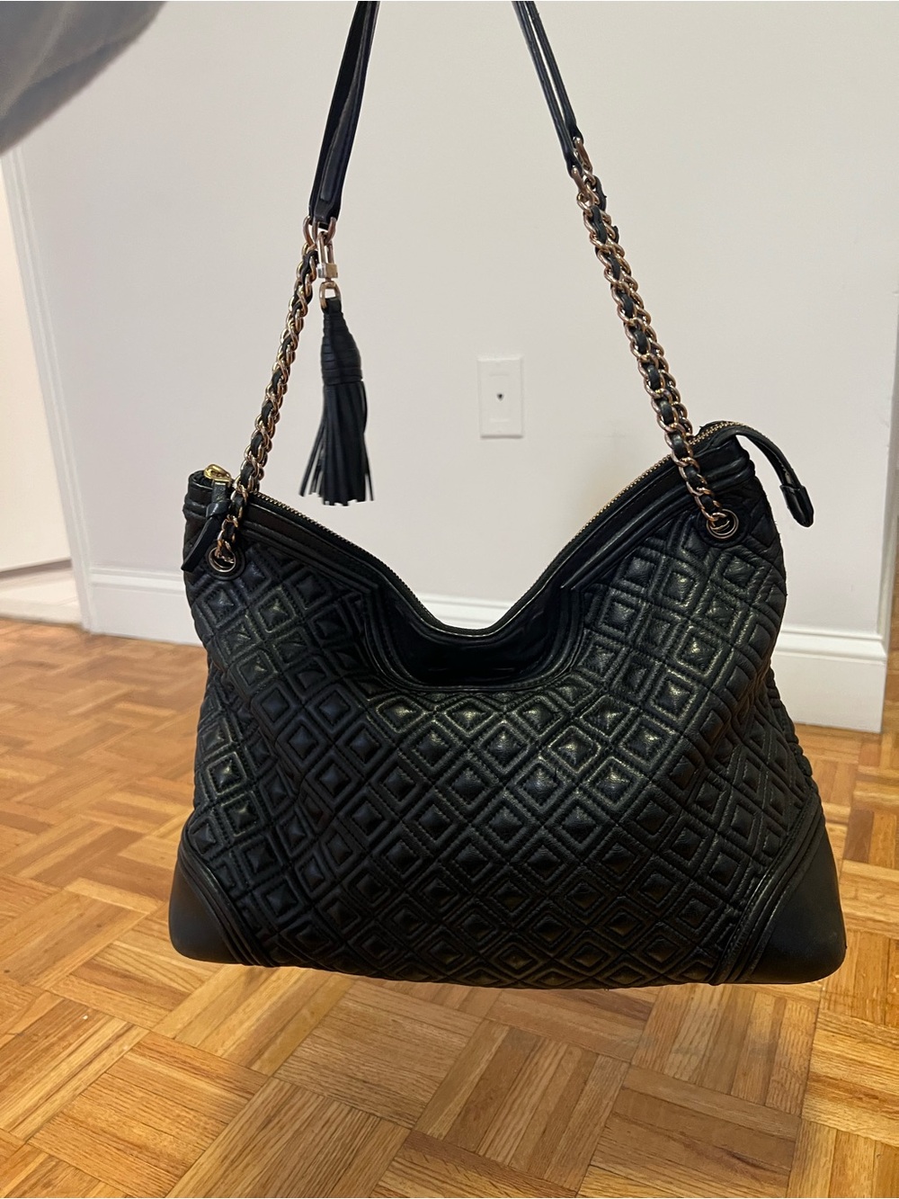 Tory Burch Black Quilted Leather Shoulder Bag with Tassel